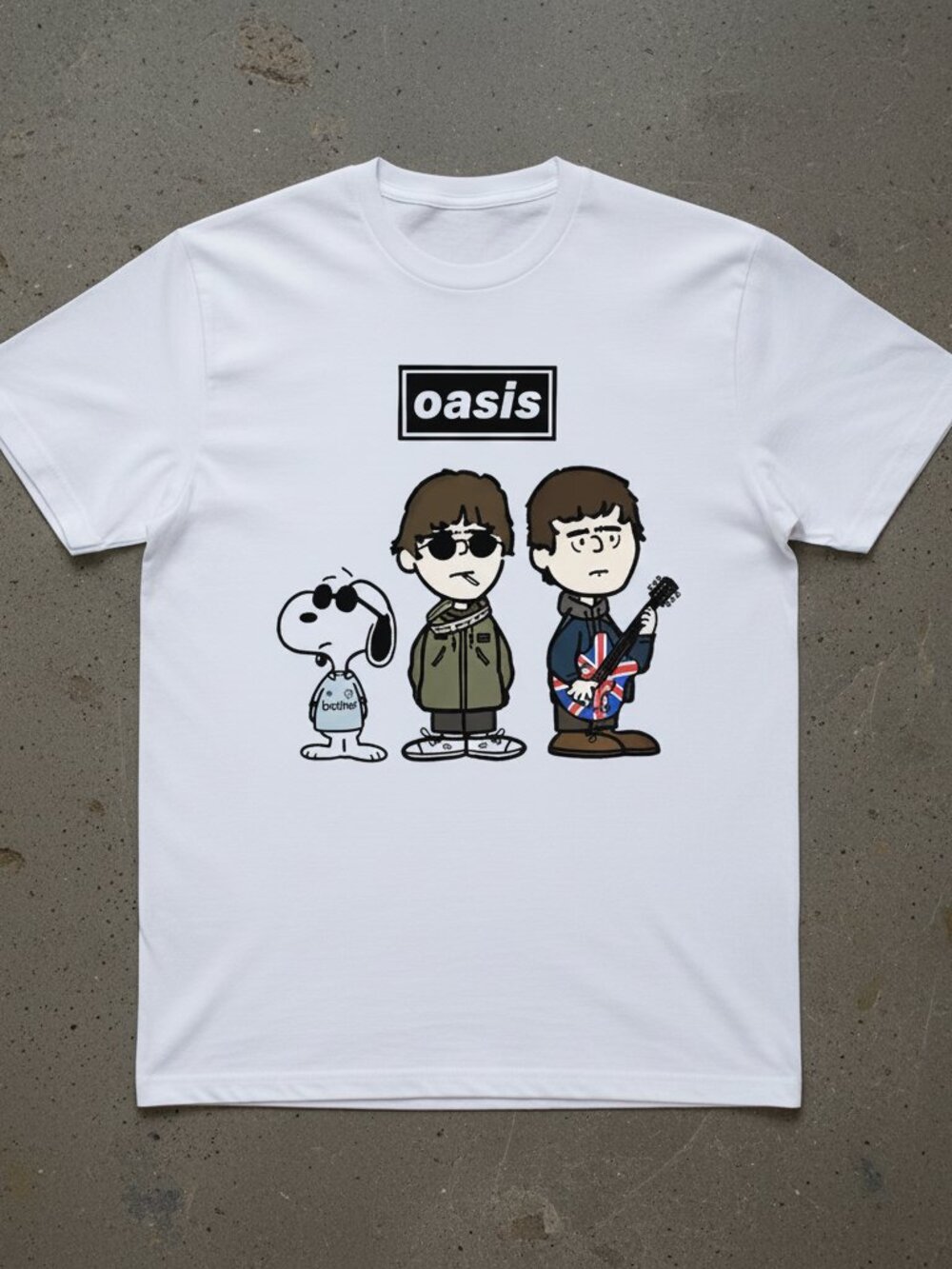 Oasis Cartoon Graphic T-Shirt – Britpop Band Inspired Tee with Snoopy Style Art,